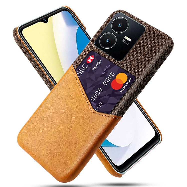 For vivo Y22s 4G / Y35 4G (2022) / Y22 4G Anti-Fall Shockproof Case Cloth Texture Phone Case Card Holder PU Leather Coated PC Cover - Brown