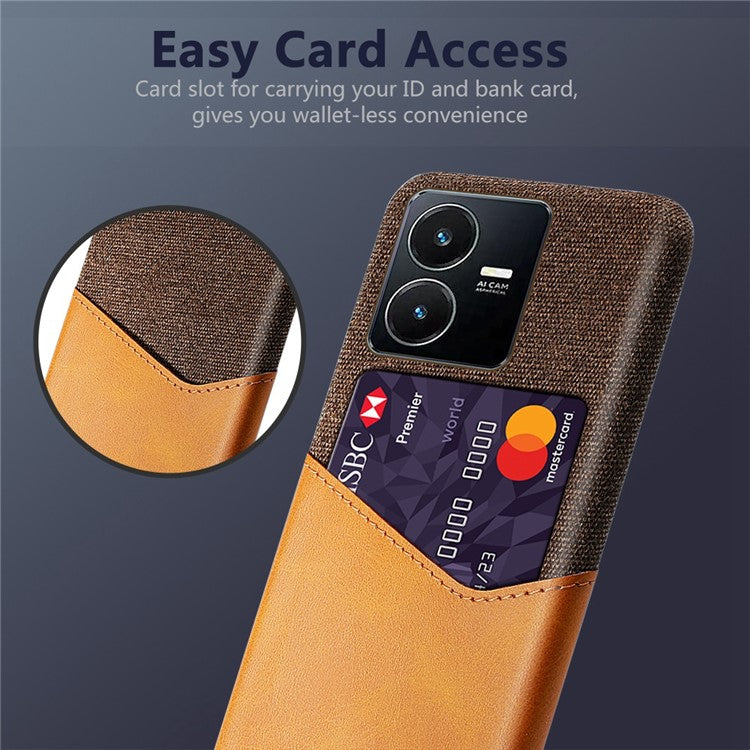 For vivo Y22s 4G / Y35 4G (2022) / Y22 4G Anti-Fall Shockproof Case Cloth Texture Phone Case Card Holder PU Leather Coated PC Cover - Brown