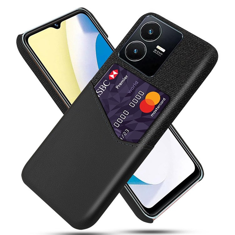 For vivo Y22s 4G / Y35 4G (2022) / Y22 4G Anti-Fall Shockproof Case Cloth Texture Phone Case Card Holder PU Leather Coated PC Cover - Black