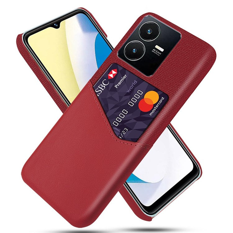 For vivo Y22s 4G / Y35 4G (2022) / Y22 4G Anti-Fall Shockproof Case Cloth Texture Phone Case Card Holder PU Leather Coated PC Cover - Red