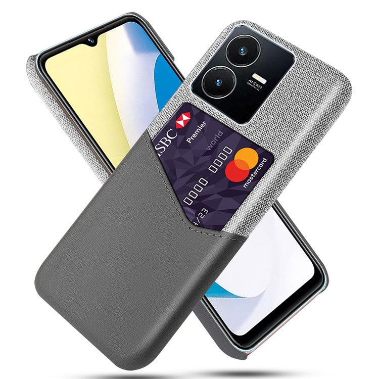 For vivo Y22s 4G / Y35 4G (2022) / Y22 4G Anti-Fall Shockproof Case Cloth Texture Phone Case Card Holder PU Leather Coated PC Cover - Grey