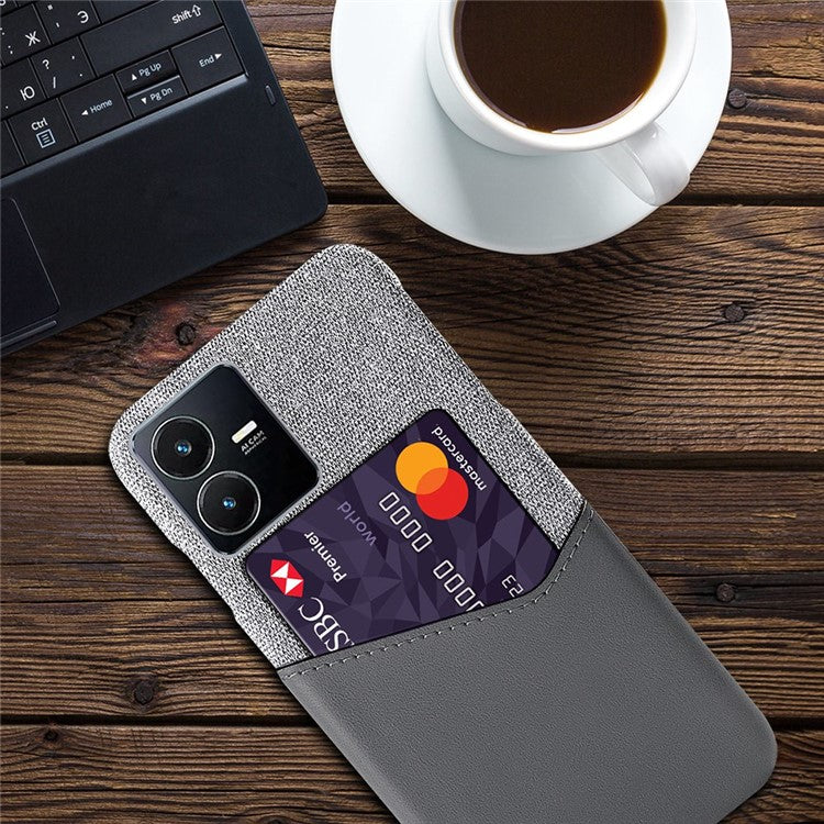 For vivo Y22s 4G / Y35 4G (2022) / Y22 4G Anti-Fall Shockproof Case Cloth Texture Phone Case Card Holder PU Leather Coated PC Cover - Grey