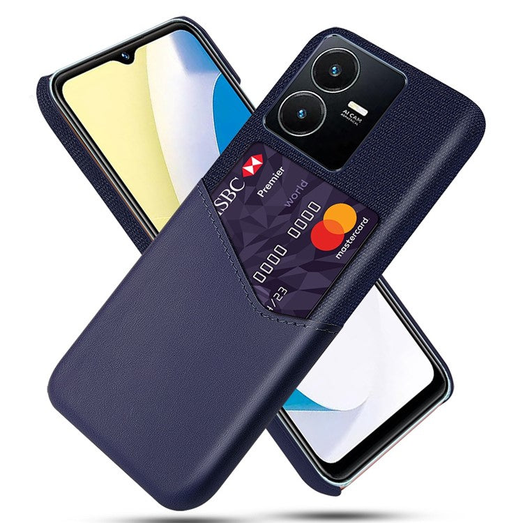 For vivo Y22s 4G / Y35 4G (2022) / Y22 4G Anti-Fall Shockproof Case Cloth Texture Phone Case Card Holder PU Leather Coated PC Cover - Blue