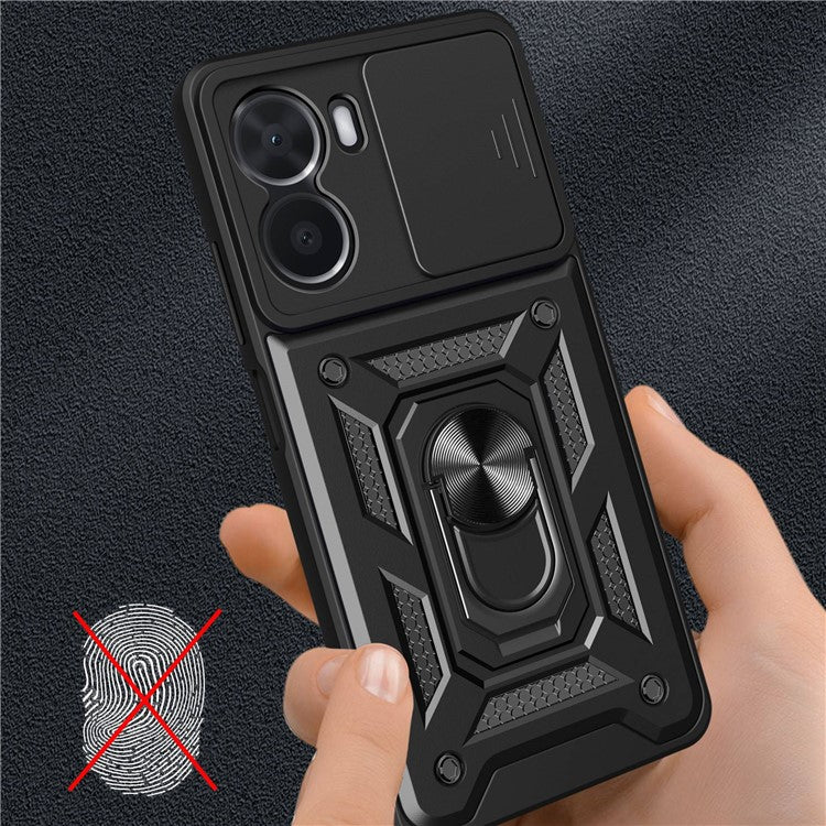 For vivo Y16 4G PC + TPU Hybrid Cover with Ring Kickstand Phone Case with Slide Camera Protector - Black