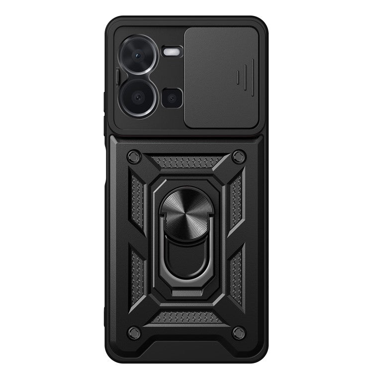 For vivo Y35 4G (2022) Drop Proof PC + TPU Hybrid Cover with Ring Kickstand Phone Case with Slide Camera Protector - Black