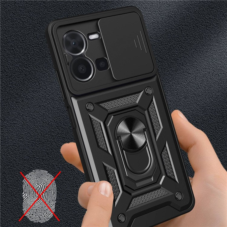 For vivo Y35 4G (2022) Drop Proof PC + TPU Hybrid Cover with Ring Kickstand Phone Case with Slide Camera Protector - Black