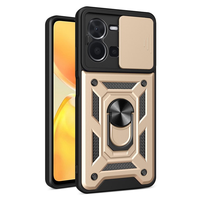 For vivo Y35 4G (2022) Drop Proof PC + TPU Hybrid Cover with Ring Kickstand Phone Case with Slide Camera Protector - Gold