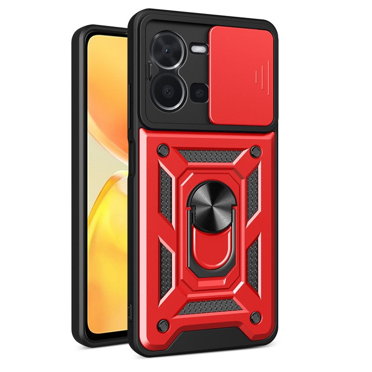 For vivo Y35 4G (2022) Drop Proof PC + TPU Hybrid Cover with Ring Kickstand Phone Case with Slide Camera Protector - Red