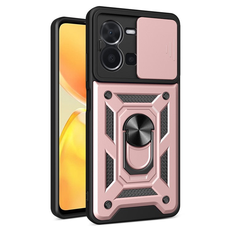 For vivo Y35 4G (2022) Drop Proof PC + TPU Hybrid Cover with Ring Kickstand Phone Case with Slide Camera Protector - Rose Gold