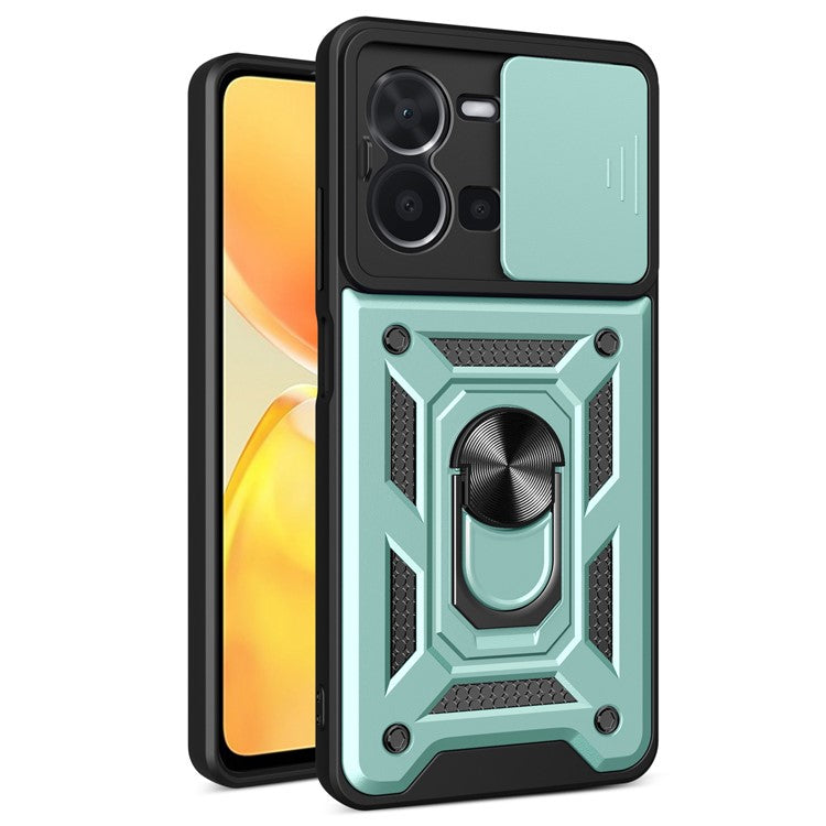 For vivo Y35 4G (2022) Drop Proof PC + TPU Hybrid Cover with Ring Kickstand Phone Case with Slide Camera Protector - Green