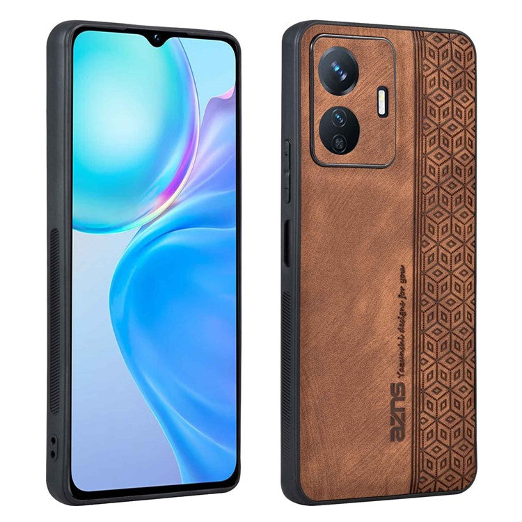 AZNS Shockproof Cell Phone Case For vivo Y77e 5G / Y77 5G Imprinted Pattern PU Leather Coated TPU Cover - Brown