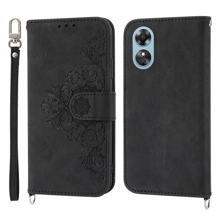 Skin-touch Multiple Card Slots Phone Case for Oppo A17 4G / A17k 4G , Imprinted Flowers Stand PU Leather Wallet Cover with Wrist Strap and Shoulder Strap - Black