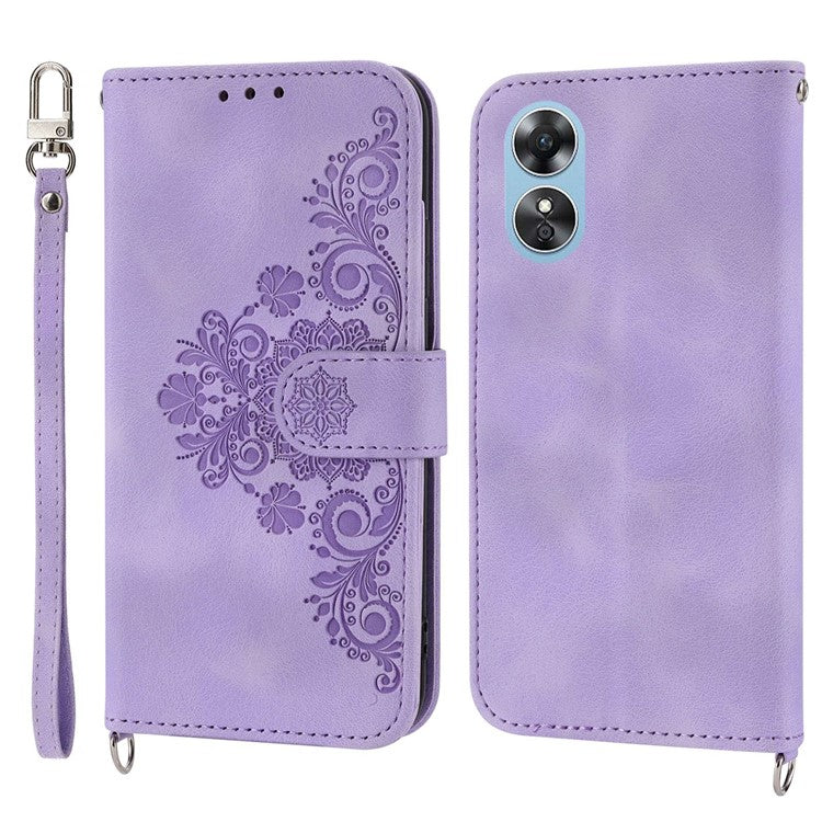 Skin-touch Multiple Card Slots Phone Case for Oppo A17 4G / A17k 4G , Imprinted Flowers Stand PU Leather Wallet Cover with Wrist Strap and Shoulder Strap - Light Purple