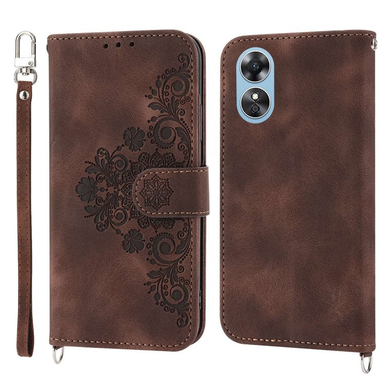 Skin-touch Multiple Card Slots Phone Case for Oppo A17 4G / A17k 4G , Imprinted Flowers Stand PU Leather Wallet Cover with Wrist Strap and Shoulder Strap - Brown