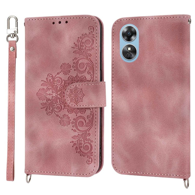 Skin-touch Multiple Card Slots Phone Case for Oppo A17 4G / A17k 4G , Imprinted Flowers Stand PU Leather Wallet Cover with Wrist Strap and Shoulder Strap - Pink