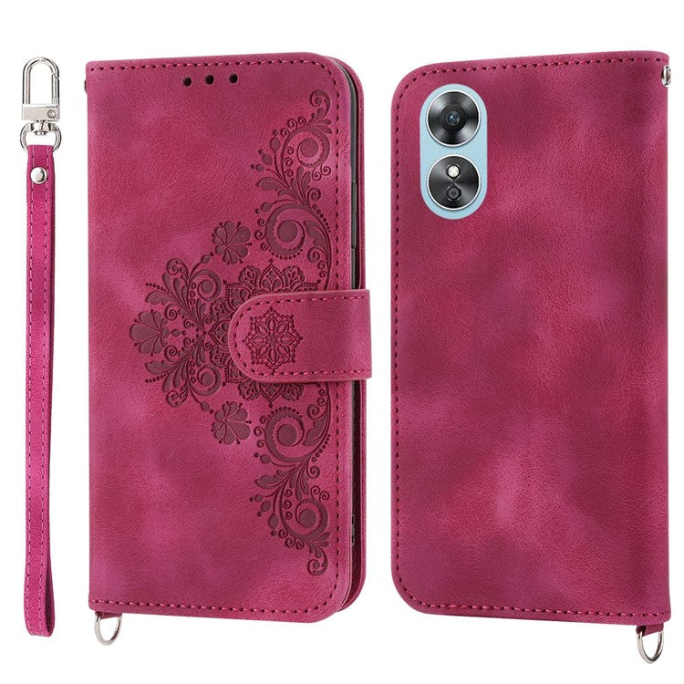 Skin-touch Multiple Card Slots Phone Case for Oppo A17 4G / A17k 4G , Imprinted Flowers Stand PU Leather Wallet Cover with Wrist Strap and Shoulder Strap - Wine Red