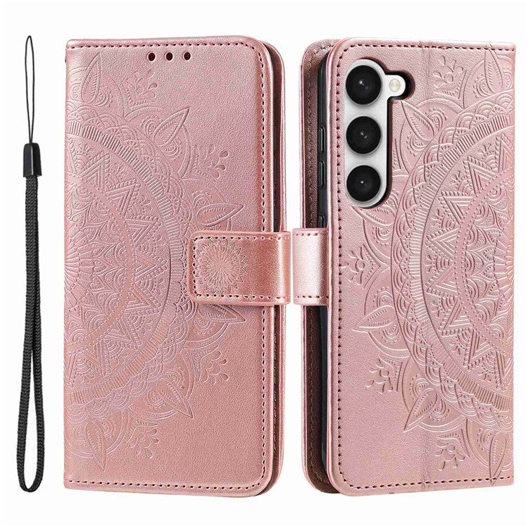 For Samsung Galaxy S23 Mandala Flower Imprinted PU Leather Wallet Case Flip Stand Magnetic Clasp Shockproof Cover - Rose Gold