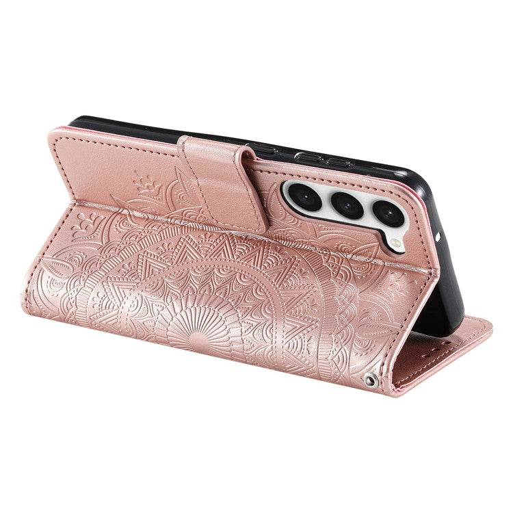 For Samsung Galaxy S23 Mandala Flower Imprinted PU Leather Wallet Case Flip Stand Magnetic Clasp Shockproof Cover - Rose Gold