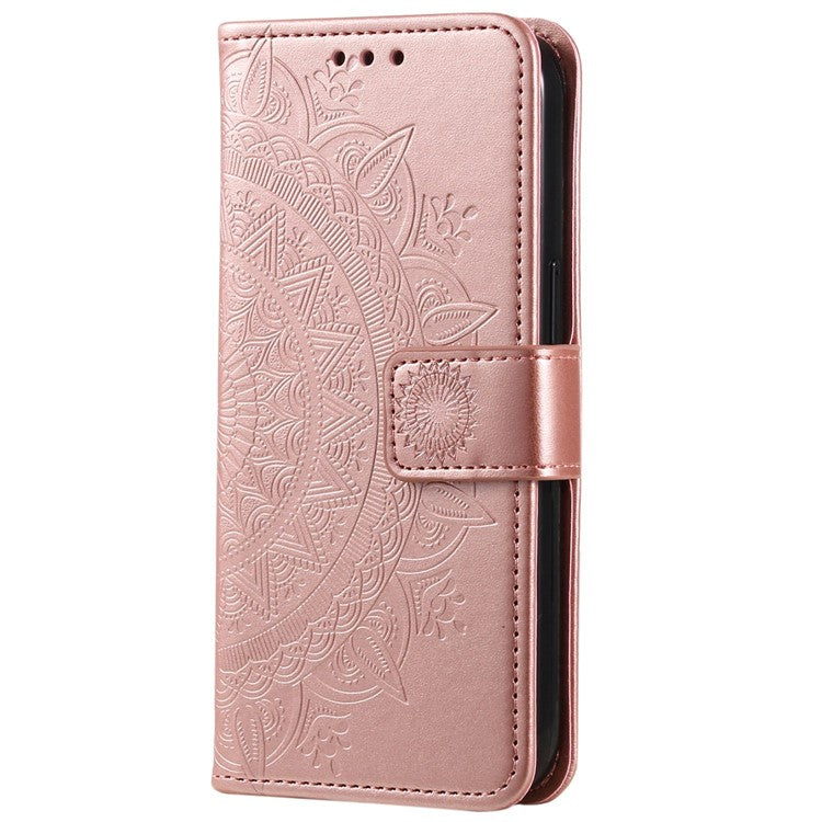 For Samsung Galaxy S23 Mandala Flower Imprinted PU Leather Wallet Case Flip Stand Magnetic Clasp Shockproof Cover - Rose Gold