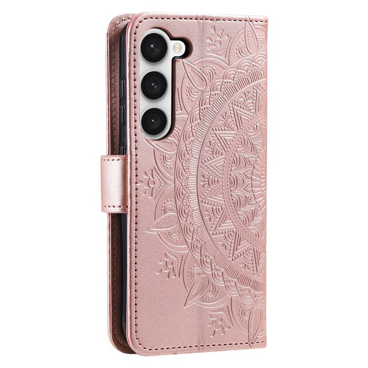 For Samsung Galaxy S23 Mandala Flower Imprinted PU Leather Wallet Case Flip Stand Magnetic Clasp Shockproof Cover - Rose Gold