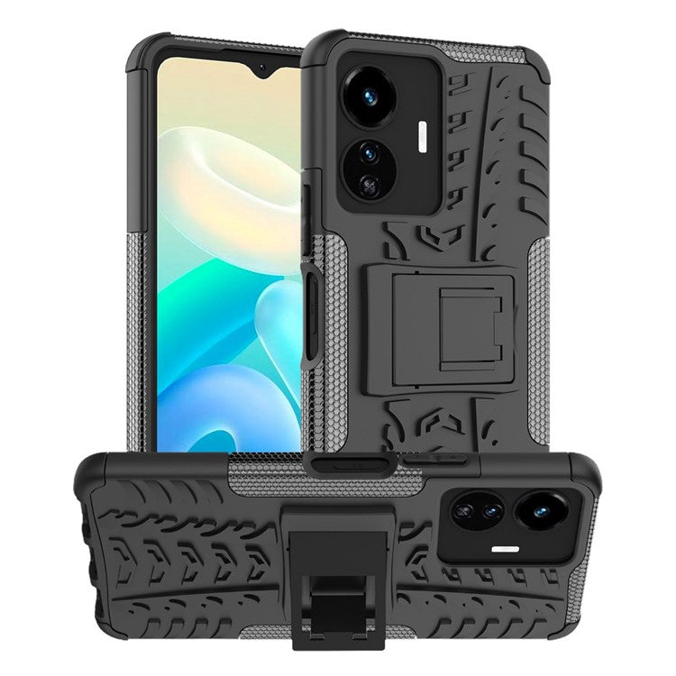 Cell Phone Case for vivo Y77 5G / Y02s 4G, Hard PC+TPU Tires Style Cool Rugged Kickstand Drop Protection Phone Cover - Black