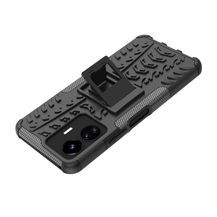 Cell Phone Case for vivo Y77 5G / Y02s 4G, Hard PC+TPU Tires Style Cool Rugged Kickstand Drop Protection Phone Cover - Black