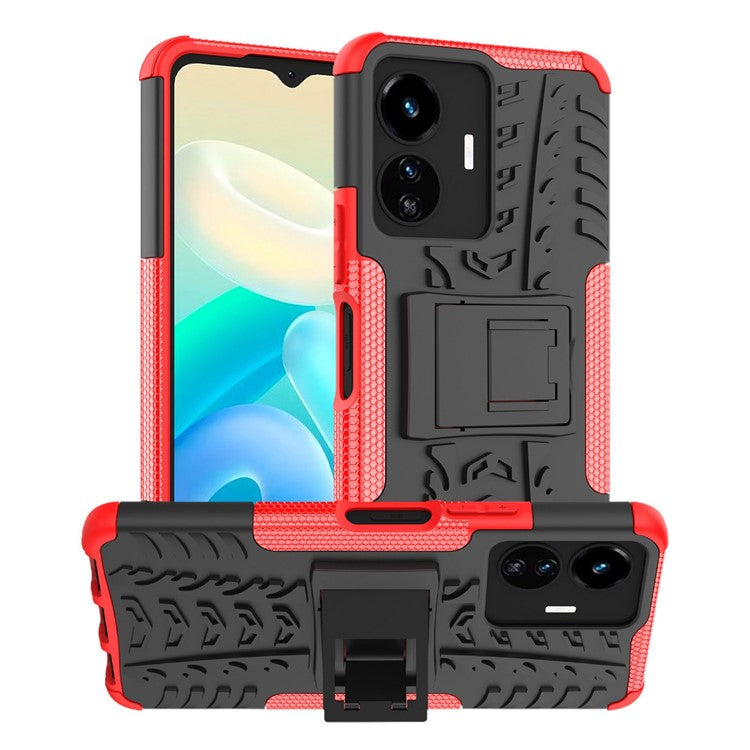 Cell Phone Case for vivo Y77 5G / Y02s 4G, Hard PC+TPU Tires Style Cool Rugged Kickstand Drop Protection Phone Cover - Red