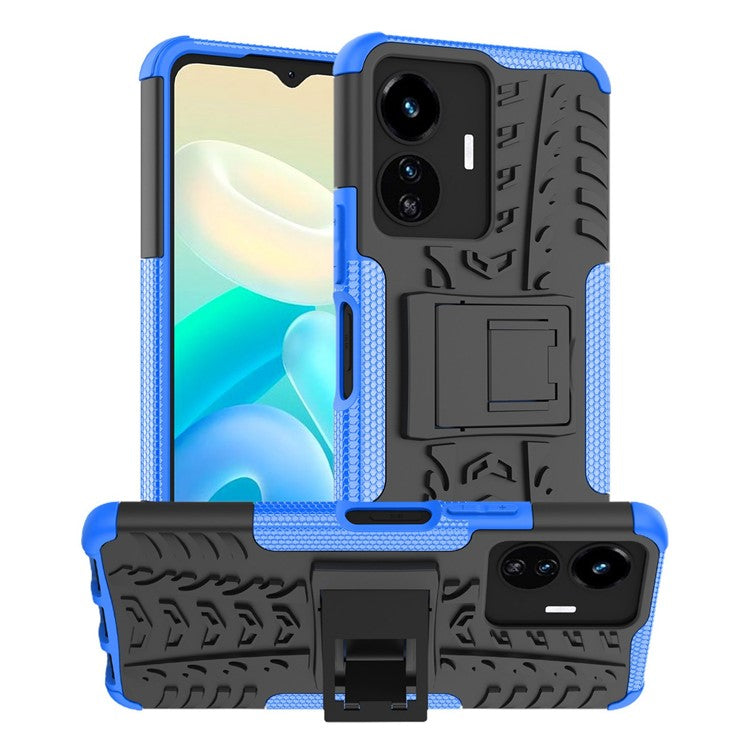 Cell Phone Case for vivo Y77 5G / Y02s 4G, Hard PC+TPU Tires Style Cool Rugged Kickstand Drop Protection Phone Cover - Blue