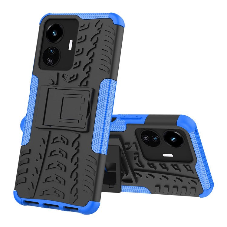 Cell Phone Case for vivo Y77 5G / Y02s 4G, Hard PC+TPU Tires Style Cool Rugged Kickstand Drop Protection Phone Cover - Blue