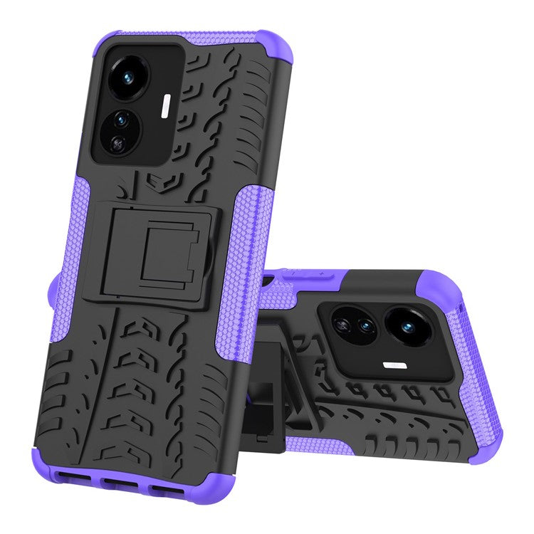 Cell Phone Case for vivo Y77 5G / Y02s 4G, Hard PC+TPU Tires Style Cool Rugged Kickstand Drop Protection Phone Cover - Purple