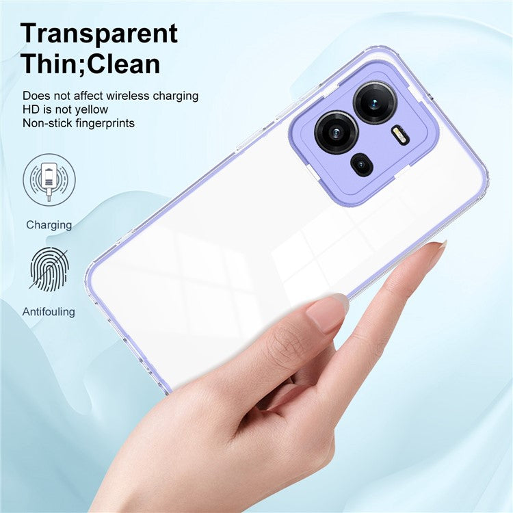 Impact Resistant Cover for vivo V25 5G / V25e 4G, 3-in-1 Clear TPU Backplate + PC Frame + PC Camera Protection Ring Phone Back Case - Purple