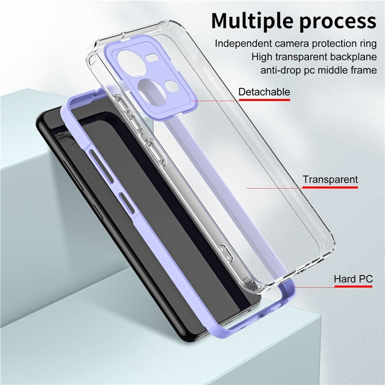 Impact Resistant Cover for vivo V25 5G / V25e 4G, 3-in-1 Clear TPU Backplate + PC Frame + PC Camera Protection Ring Phone Back Case - Purple