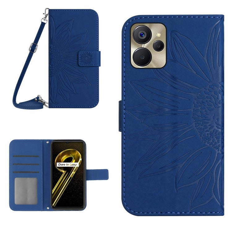 For Realme 9i 5G / 10 5G / Oppo A76 / A36 HT04 PU Leather Stand Case Sunflower Imprinted Wallet Feature Skin-touch Magnetic Clasp Phone Cover with Shoulder Strap - Sapphire