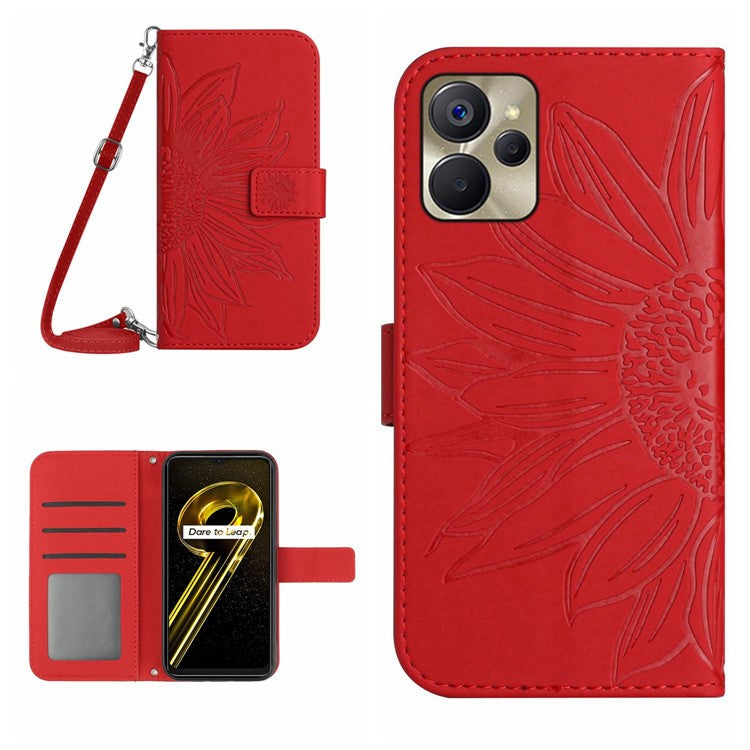 For Realme 9i 5G / 10 5G / Oppo A76 / A36 HT04 PU Leather Stand Case Sunflower Imprinted Wallet Feature Skin-touch Magnetic Clasp Phone Cover with Shoulder Strap - Red