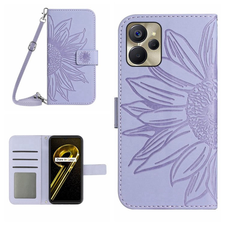 For Realme 9i 5G / 10 5G / Oppo A76 / A36 HT04 PU Leather Stand Case Sunflower Imprinted Wallet Feature Skin-touch Magnetic Clasp Phone Cover with Shoulder Strap - Light Purple