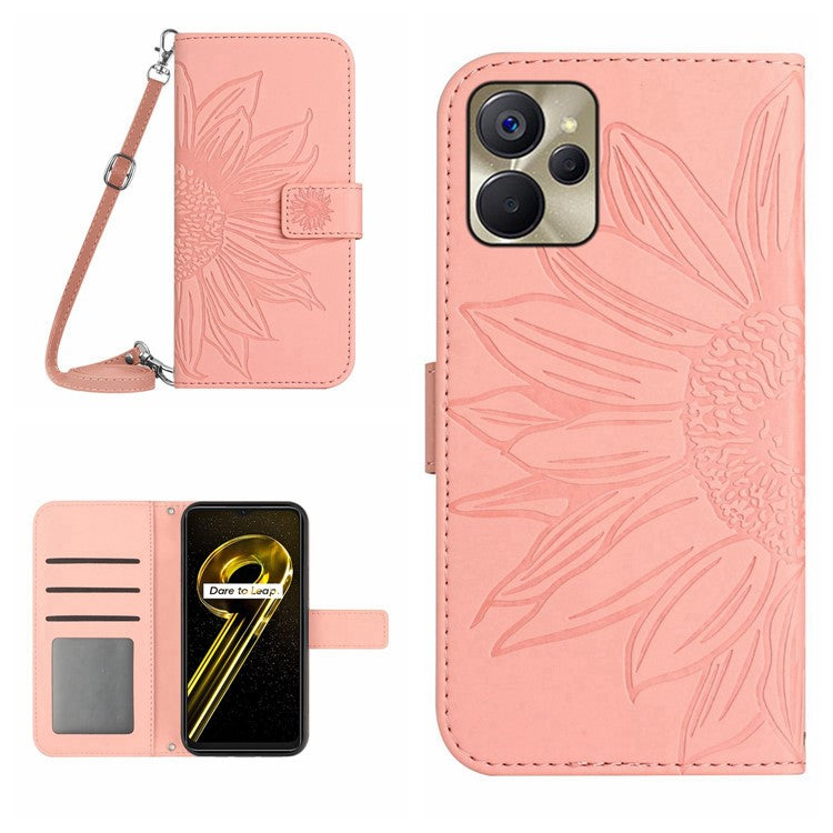 For Realme 9i 5G / 10 5G / Oppo A76 / A36 HT04 PU Leather Stand Case Sunflower Imprinted Wallet Feature Skin-touch Magnetic Clasp Phone Cover with Shoulder Strap - Light Pink