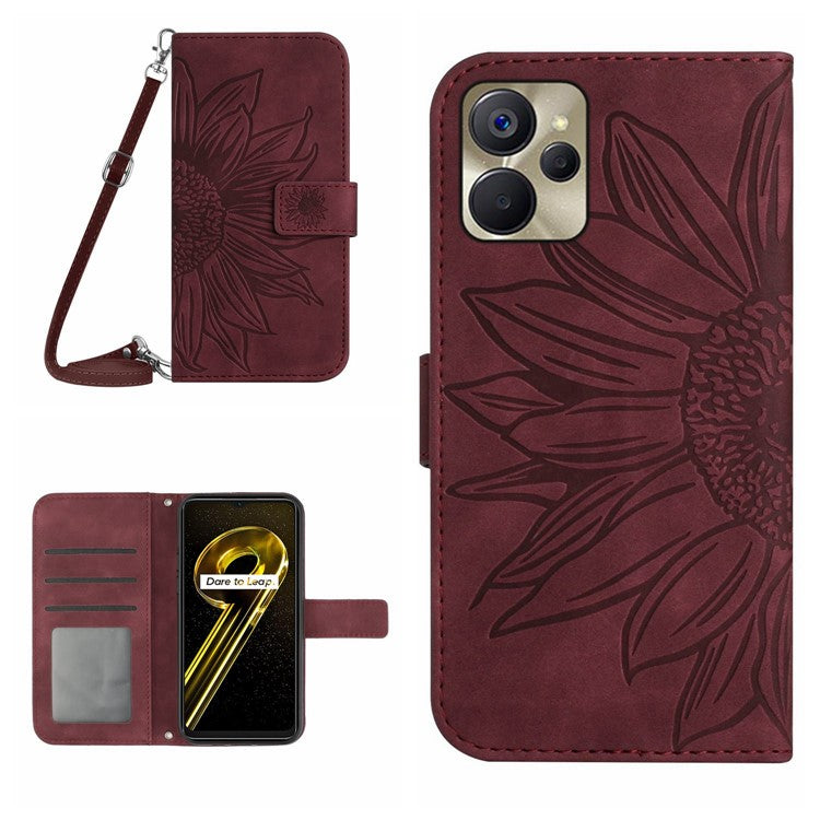 For Realme 9i 5G / 10 5G / Oppo A76 / A36 HT04 PU Leather Stand Case Sunflower Imprinted Wallet Feature Skin-touch Magnetic Clasp Phone Cover with Shoulder Strap - Wine Red