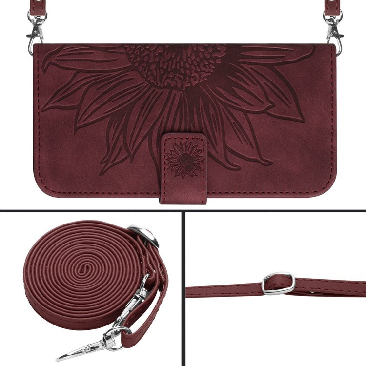 For Realme 9i 5G / 10 5G / Oppo A76 / A36 HT04 PU Leather Stand Case Sunflower Imprinted Wallet Feature Skin-touch Magnetic Clasp Phone Cover with Shoulder Strap - Wine Red