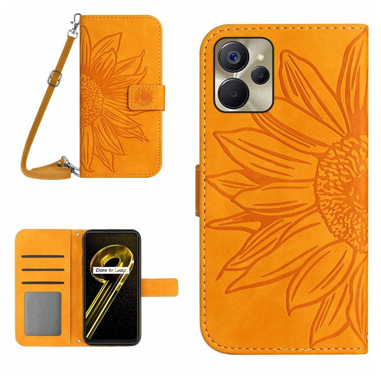 For Realme 9i 5G / 10 5G / Oppo A76 / A36 HT04 PU Leather Stand Case Sunflower Imprinted Wallet Feature Skin-touch Magnetic Clasp Phone Cover with Shoulder Strap - Yellow