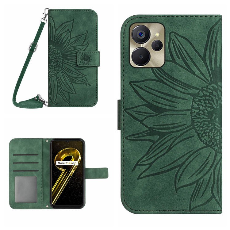 For Realme 9i 5G / 10 5G / Oppo A76 / A36 HT04 PU Leather Stand Case Sunflower Imprinted Wallet Feature Skin-touch Magnetic Clasp Phone Cover with Shoulder Strap - Dark Green