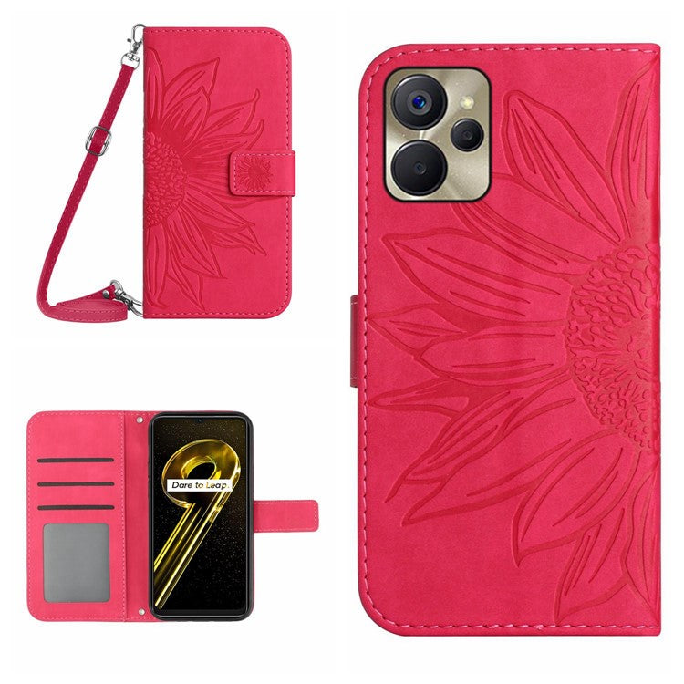 For Realme 9i 5G / 10 5G / Oppo A76 / A36 HT04 PU Leather Stand Case Sunflower Imprinted Wallet Feature Skin-touch Magnetic Clasp Phone Cover with Shoulder Strap - Rose