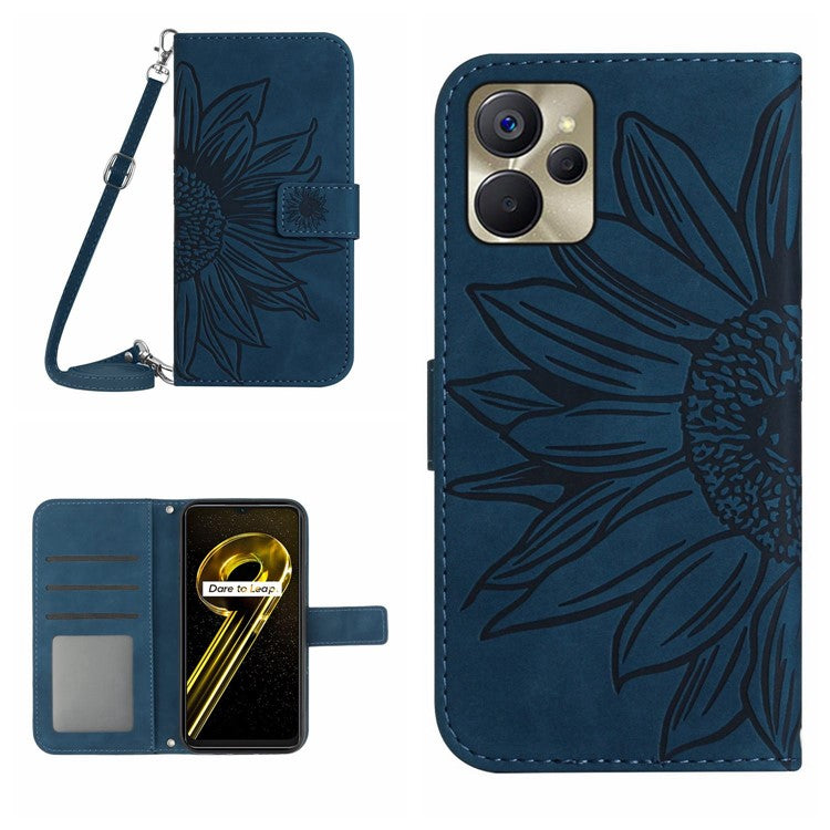 For Realme 9i 5G / 10 5G / Oppo A76 / A36 HT04 PU Leather Stand Case Sunflower Imprinted Wallet Feature Skin-touch Magnetic Clasp Phone Cover with Shoulder Strap - Dark Blue