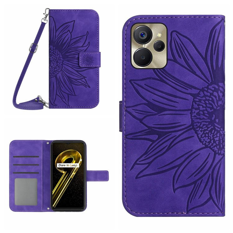 For Realme 9i 5G / 10 5G / Oppo A76 / A36 HT04 PU Leather Stand Case Sunflower Imprinted Wallet Feature Skin-touch Magnetic Clasp Phone Cover with Shoulder Strap - Dark Purple