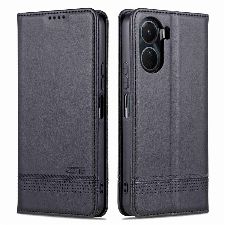 AZNS For vivo Y16 4G Cowhide Texture PU Leather Shockproof Case Magnetic Auto-absorbed Phone Wallet Stand Cover - Black