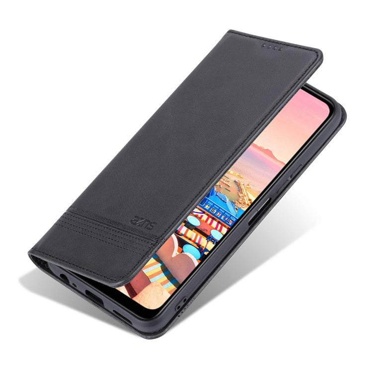 AZNS For vivo Y16 4G Cowhide Texture PU Leather Shockproof Case Magnetic Auto-absorbed Phone Wallet Stand Cover - Black