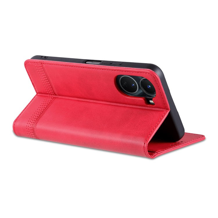 AZNS For vivo Y16 4G Cowhide Texture PU Leather Shockproof Case Magnetic Auto-absorbed Phone Wallet Stand Cover - Red