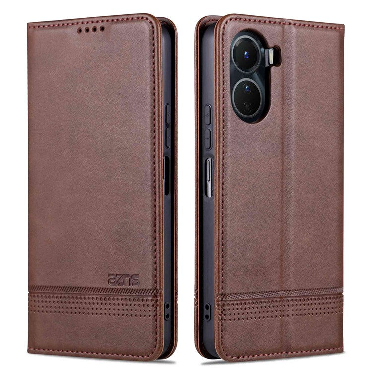 AZNS For vivo Y16 4G Cowhide Texture PU Leather Shockproof Case Magnetic Auto-absorbed Phone Wallet Stand Cover - Coffee