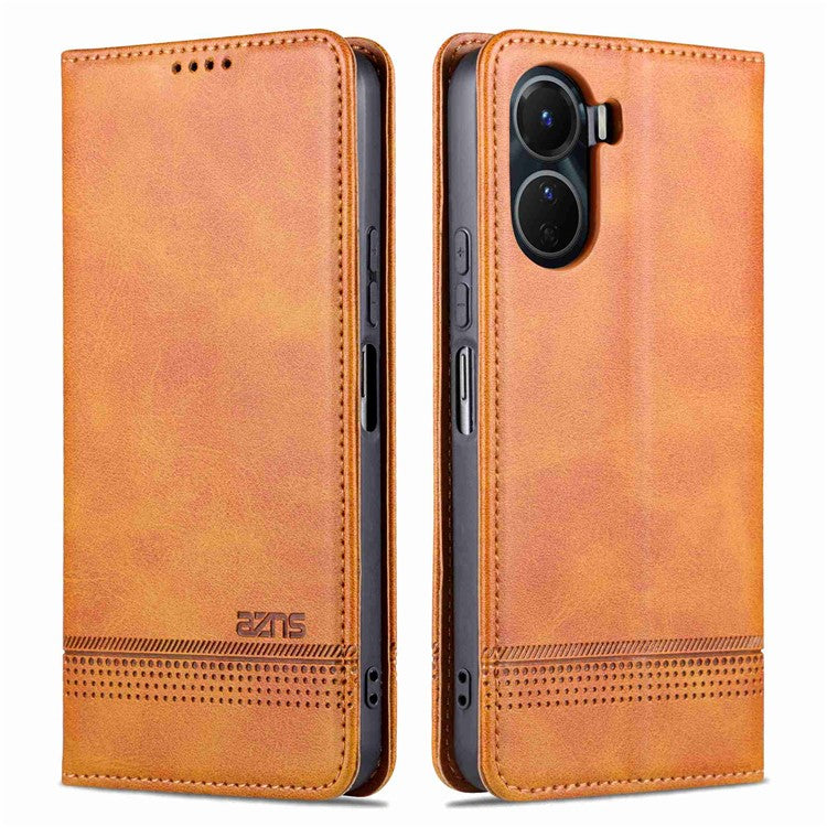 AZNS For vivo Y16 4G Cowhide Texture PU Leather Shockproof Case Magnetic Auto-absorbed Phone Wallet Stand Cover - Brown