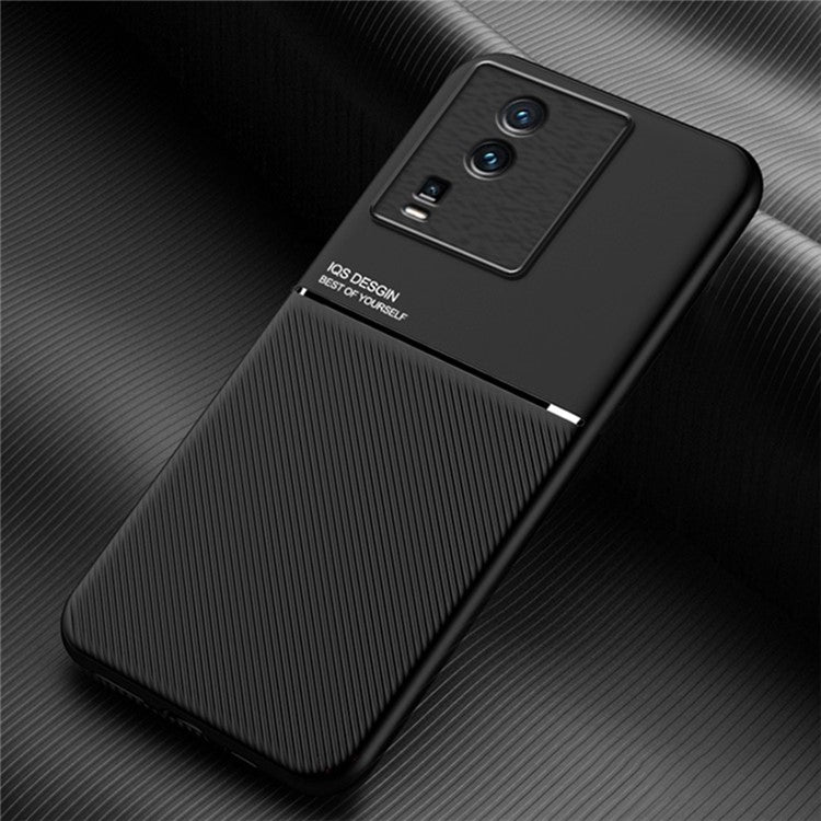 Protective Phone Back Cover for vivo iQOO Neo7 5G, Lines Imprinted PU Leather+TPU Phone Case with Built-in Metal Sheet - Black