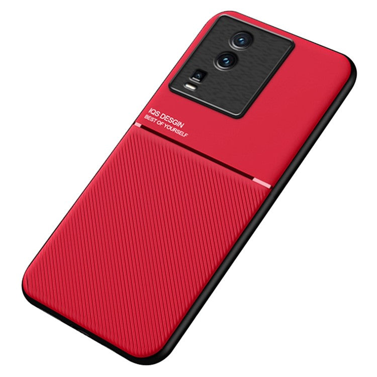 Protective Phone Back Cover for vivo iQOO Neo7 5G, Lines Imprinted PU Leather+TPU Phone Case with Built-in Metal Sheet - Red